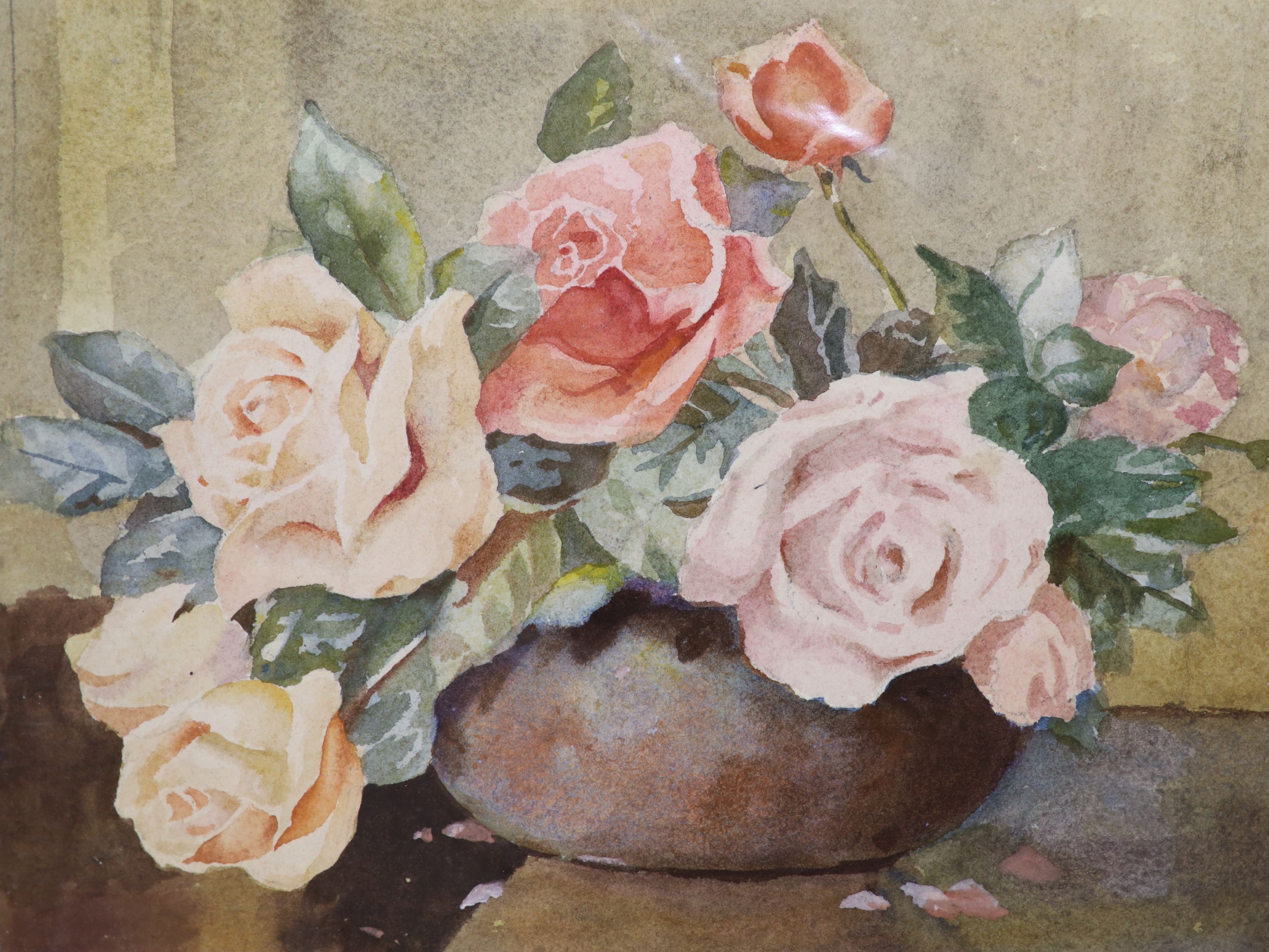 Olivia Mason (1872-1970), four still life flower studies, another of roses in a bowl, signed Holland and another watercolour of Christmas Roses